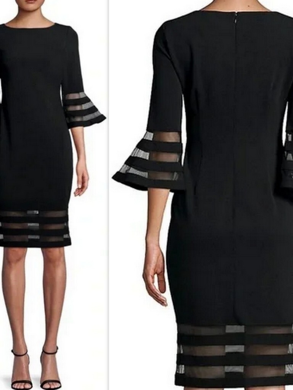 Calvin Klein Black Sheer-Striped Bell Sleeve Midi Dress